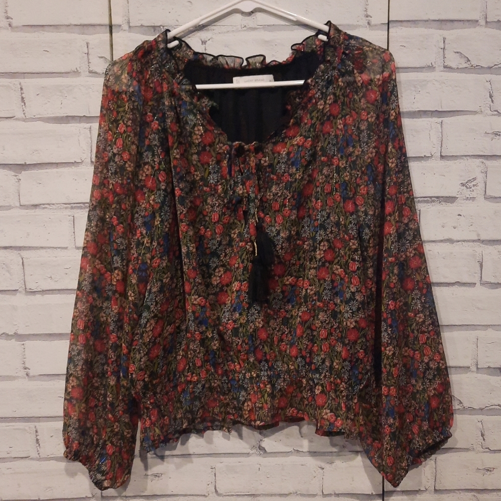 Lucky Brand Women's Size M Blouse Red Black Metallic Floral Elastic Tie Accent